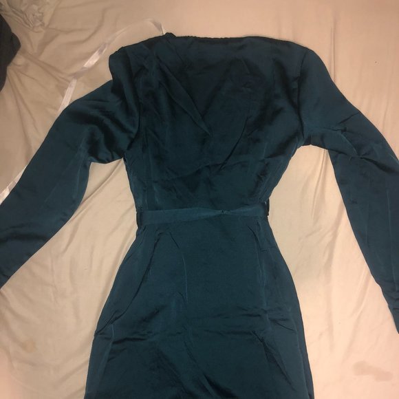 Long Sleeve Teal Ruffle Satin Tea Dress - Picture 3 of 5